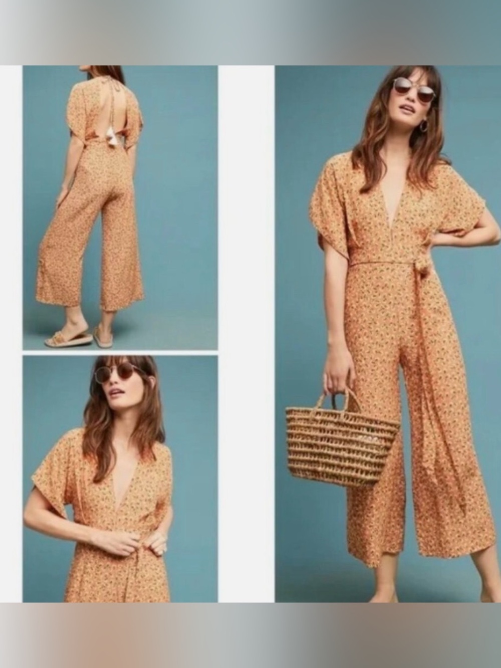 Faithfull The Brand Cedric Floral Jumpsuit Peach Orange Cream Multi Size 6 / M